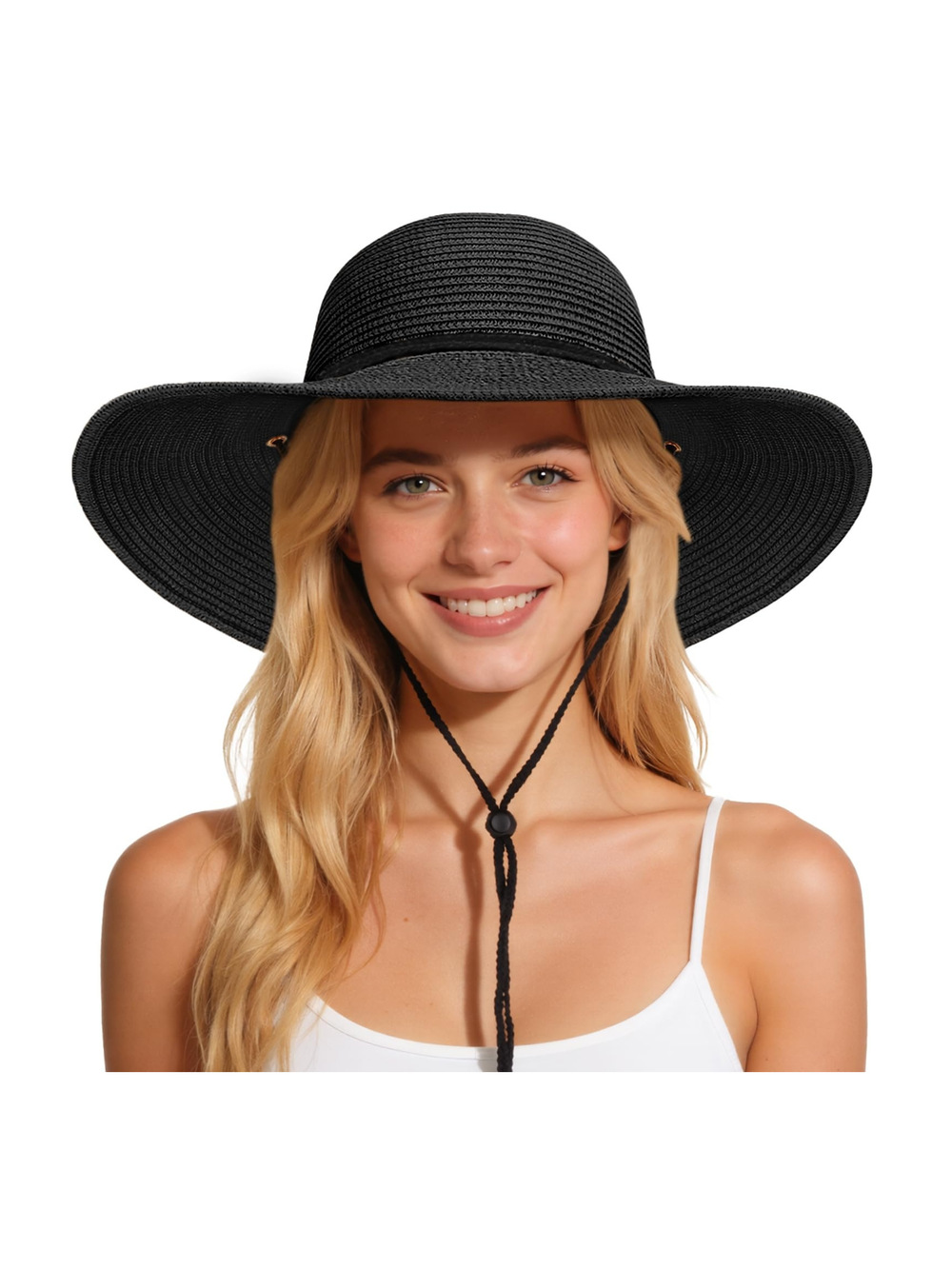 Sun Hats for Women, Summer Wide Brim Straw Beach Hat | Floppy | Black | Size XL